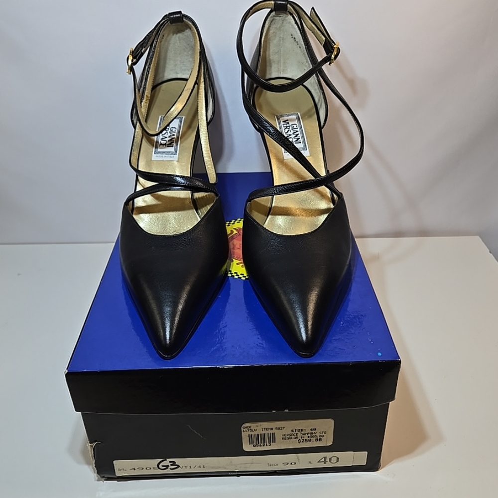 Vintage 90's Versace Black Strappy Heels with Gold Accents